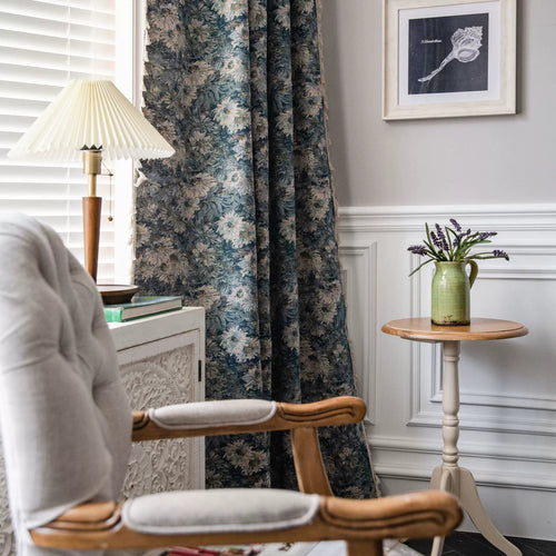 Blue Oil Painting Floral Jacquard Curtains