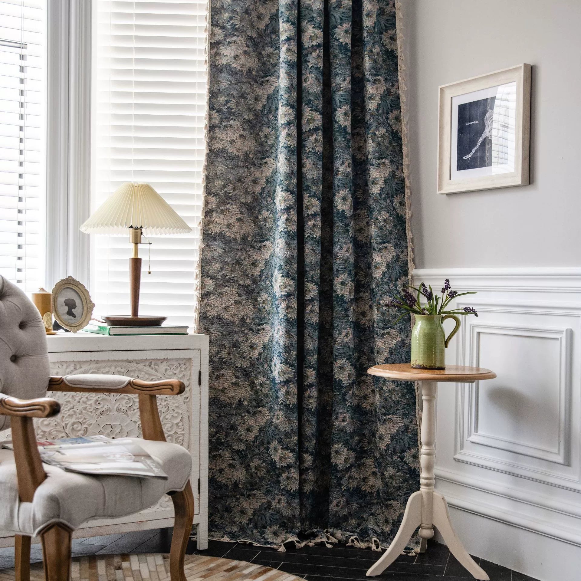 Blue Oil Painting Floral Jacquard Curtains